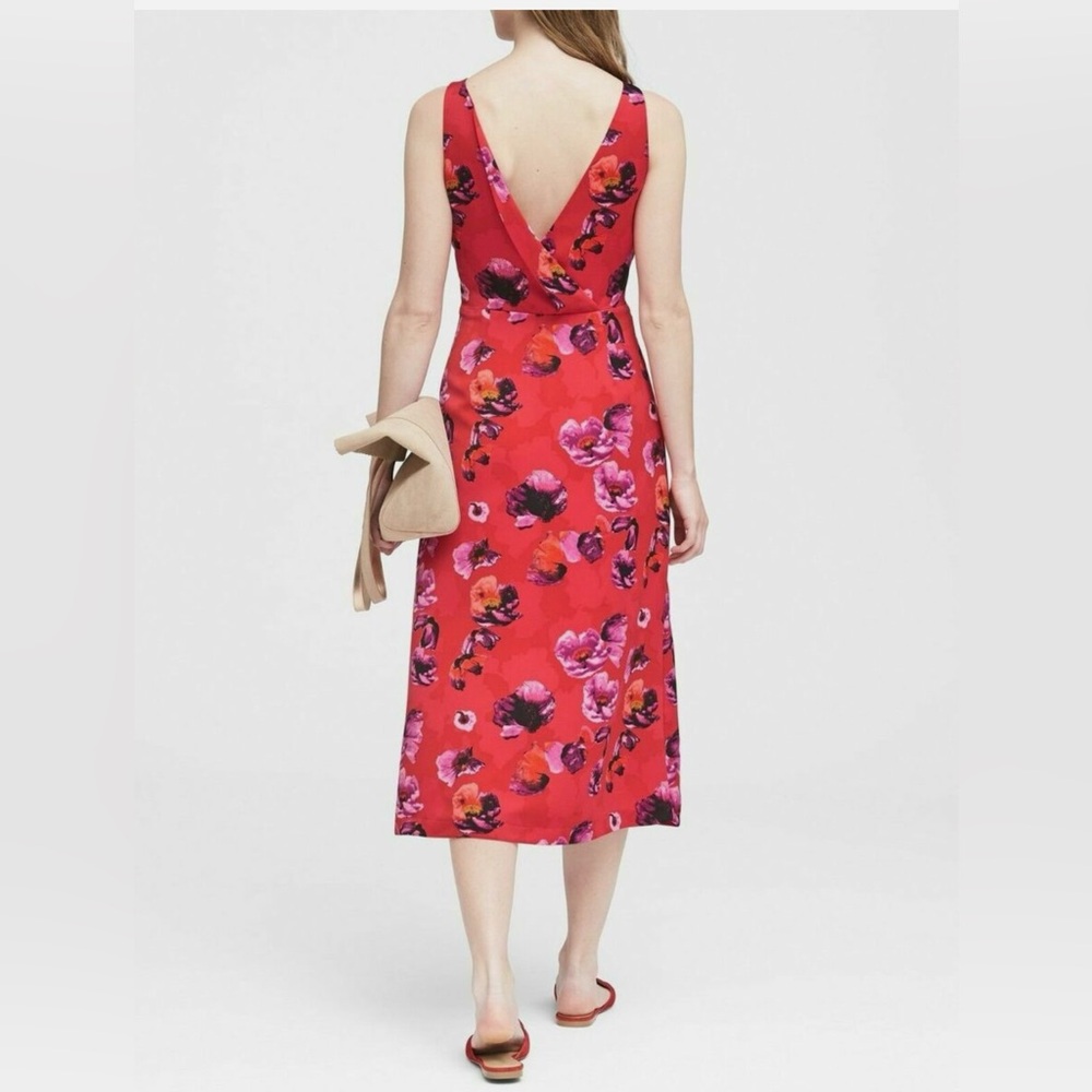 Banana Republic Dress Womens 00 Petite Red Floral Print V Back Sleeveless Midi
